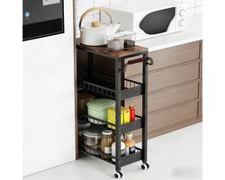 4-laags keukenkar op wieltjes – hardhouten smal opbergrek (40,0 × 20,0 × 86,4 cm) – mobiele organisatiekar zonder elektriciteit