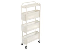 4-Laags Smalle Roltafel met Wielen – Opbergwagen met Uittrekbare Mesh Mand – Mobiele Keuken Organizer 40 x 15 x 89,5 cm – Wit