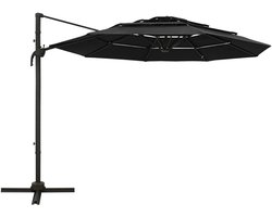 4-laagse parasol met aluminium mast, zonwering, 3 x 3 m, zwart, voor terras en tuin, met zwengel, kantelfunctie en gepoedercoate aluminium mast, zonwering, stabiliteit