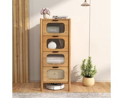 4-Ladenkast – Bamboe Opbergkast met Gestreepte Gehard Glazen Laden – Natuurlijke Moderne Stijl Opbergmeubel