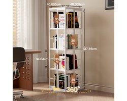 4 Layers Rotating Bookshelf Wooden Bookshelf Metal Wood Bookcase Open Shelf Rotatable Bookshelf Storage Shelf Bookshelf with 4 Levels for Study Room Bedroom Living Room Office White