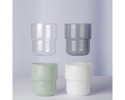 4 massief gekleurde borosilicaat stapel glazen 250 ml, mint groen - wit - grijs - transparant. 100% vaadwasser veilig Nederlands ontwerp Maarten Baptist