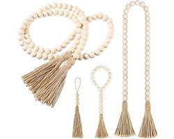 4 maten - Houten kralenhanger - Houten kralen in bohemian stijl - Houten kralen - Kralendecoratie - Decoratie in landelijke stijl - Vaasdecoratie - Wanddecoratie - Kan aan de muur, schoorsteenmantel of als kerstdecoratie in huis worden gehangen