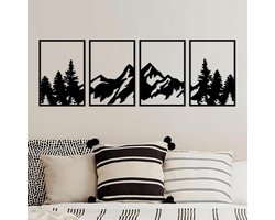 4 Muurdecoraties met berg- en bossilhouetten - Wanddecoratie - wanddecoratie woonkamer - wanddecoratie metaal - Zwart - IJzer