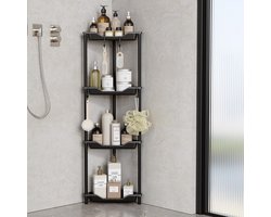 4 Niveau doucheplanken zonder boren, hoek doucheplank, douchemandjes met 4 haken, roestvrij, kunststof metalen verbindingen, 25 x 25 x 112 cm, zwart