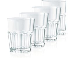 4 onbreekbare glazen, bekers, duurzame waterglazen van stevig kunststof, sap, water, whiskyglas, partybekers, whiskybekers, drinkbekers, set in echte glaslook, stapelbaar, BPA-vrij