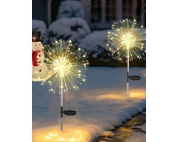 4 op zonne-energie werkende vuurwerklampen – 200 LED's – voor buiten – koperdraad – waterdichte tuinverlichting – grondmontage tuinverlichting – geschikt voor paden, bloemperken, balkons, terrassen en tuindecoratie – warm licht – goud