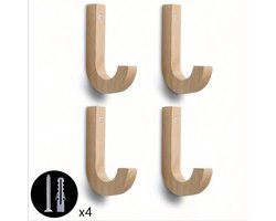 4-pack J-vormige houten haken | Gepolijst natuurlijk hout | Rustieke stijl | Keuken-/entreemuuropbergruimte