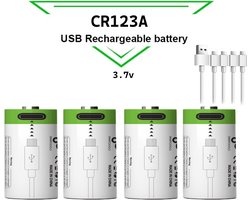 4-Pack Lithium Li-ion CR123A Batterijen 3.7V oplaadbaar - USB-C - 700 mAh - Duurzame Keuze - Met 4-in-1 USB-C kabel - Lithium CR123A batterij accu - 4 stuks