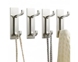 4-pack stokhaken- kapstok haken-kapstokhaak - om op te hangen- extra plakkerig 6 kg max- kapstokhaken- voor deur zelfklevend- metaal roestvrij heavy duy- voor handdoek jas hoed portemonnee in badkamer douche- zilver