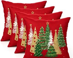 4 Pcs rode decoratieve kerst‑kussenhoezen 18x18 inch (ca.45x45 cm) met kerstboommotief - winterse kerstdecoratie voor huis en bank