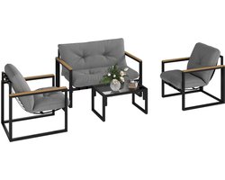 4-personen terrasset van Outsunny, 4-delige balkonset met bank, 2 stoelen en houten tafel met 4 stoelen, inclusief 4 kussens, terras balkon meubels, grijs