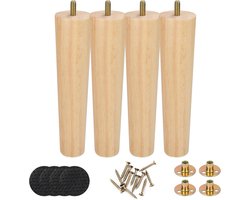 4 Pieces Meubelpoot- Rond Houten Tafelpoten- 20cm met Rubberen Pads- Schroeven en Montageplaten- Conische Houten Poten voor Meubels- Bank- Bed