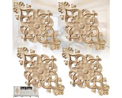 4 Pieces Retro Wood Carving Decal - Unpainted Wood Corner Decal - Rubber Wood Carved - Carved Wooden Corner Onlay - Wood Carved Furniture Appliques - Voor Ornament Wall Cabinet en Meubeldecoratie