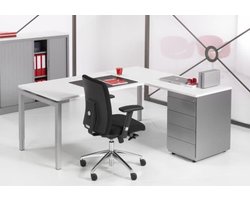 4-Poots hoekbureau met ladenblok Kubus 180 x160cm Ladeblok 3 lades met pennenlade bladkleur Wit framekleur Aluminium (RAL9006) hoek Links
