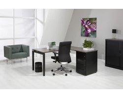 4-Poots hoekbureau met ladenblok Kubus 180 x160cm Ladeblok 4 lades met pennenlade bladkleur Ahorn framekleur Aluminium (RAL9006) hoek Links