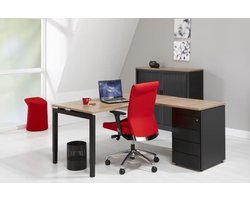 4-Poots hoekbureau met ladenblok Kubus 180 x160cm Ladeblok 4 lades met pennenlade bladkleur Licht Eiken framekleur Aluminium (RAL9006) wingzijde Links