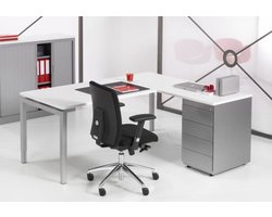 4-Poots hoekbureau met ladenblok Kubus 180 x160cm Ladeblok 4 lades met pennenlade bladkleur Licht Eiken framekleur Aluminium (RAL9006) wingzijde Rechts