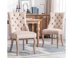 4-poots stoel, beige fluwelen eetkamerstoel, hoge rugleuning, met knoopquilt, massief houten frame, beige (set, 2 stuks)