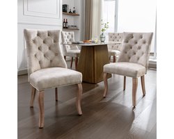 4-poots stoel, lichtbeige fluwelen eetkamerstoel, hoge rugleuning, met knoopquilt, massief houten frame, lichtbeige (set, 2 stuks)