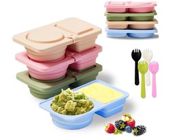 4 Siliconen Snackbakjes met Deksel – 2 Compartimenten – Lekvrij – BPA Vrij – Meal Prep Bakjes – Vershoudbakjes – Magnetron en Vaatwasser Bestendig – Herbruikbaar – Snackbox Onderweg