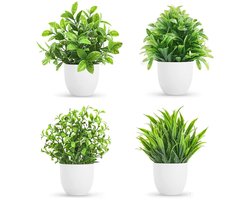 4 stukken kunstmatige planten met potten, kleine kunstmatige plastic plantendecoratie, decoratieve plantenplastic nepplanten, kunstmatige planten voor bureau, woonkamer, kantoor en badkamerdecoratie