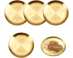 4 stuks 20 cm roestvrij stalen rond servies, gouden roestvrijstalen campingborden, metalen platte borden, 20 cm roestvrij staal, rond servies, roestvrij staal, campingbordenset, voor camping