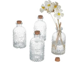 4 Stuks 200ml Glazen Flessen met Kurken Deksel, Vintage Gegraveerde Flessen voor Diffusers, Mini Vazen en Specerijpotten voor Bloemen en Tafeldecoratie bij Bruiloften