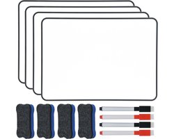 4 stuks 30 x 21 cm wit bord droog afwasbaar mini whiteboards, A4 dubbelzijdig wit bord met zwart frame met 4 stuks marker en 4 stuks boardgum, whiteboard voor school, kantoor, huis