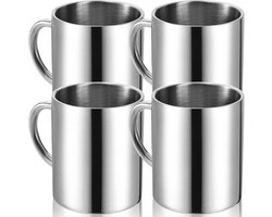 4 stuks 300 ml roestvrij stalen koffiemokken, koffiekopjes, dubbelwandige isolatiebekers, set van 300 ml, zilverkleurig