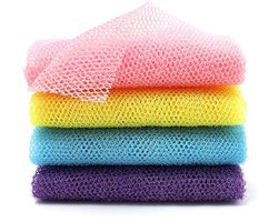 4 stuks Afrikaanse netspons voor lichaamsexfoliatie, Afrikaanse badspons, lange washand, douchenet, Afrikaanse exfoliërende netspons voor de rug (roze, geel, paars, blauw) Roze, geel, paars, blauw