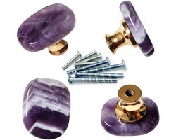4 Stuks Amethist Steentjes Dressoir Knoppen, Paarse Kristallen Kastknoppen voor Meubel Deuren, Decoratieve Handgrepen met Schroeven voor Doe-Het-Zelf Projecten