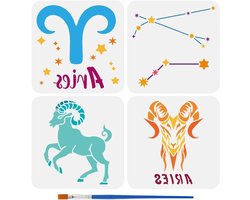 4 Stuks Aries Sterrenbeeld Sjablonen met 1 Penseel - 20 x 20 cm Decoratieve Sjablonen voor Schilderen op Hout, Canvas en Textiel voor DIY Home Decoratie
