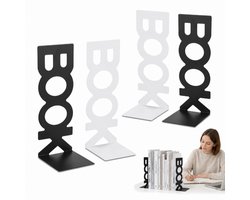 4 Stuks Boekensteunen Metaal - Boekensteun Zwart en Wit - Zware Boekenhouder met 'BOOK' Design - Antislip Boekenstandaard voor Kantoor, School en Thuis-Wit en Zwart