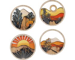 4 stuks Boho landschap muurkunst decor - Boheemse muurkunst - boerderij geometrische abstracte zon woestijn houten wanddecoratie voor woonkamer - esthetische Boheemse botanische houten wandsculpturen - interieurdesign