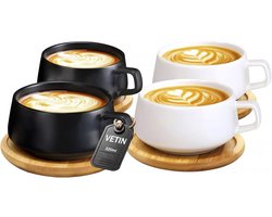4 stuks cappuccinokopjes met schoteltjes, 300 ml espressokopjes van porselein voor thee, koffie, cappuccino latte, koffiekopjes met houten schijf (zwart, 2 x wit, 2 stuks)