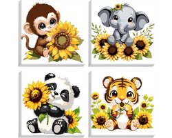4 Stuks Dieren Schilderen op Nummer voor Volwassenen en Beginners, DIY Bloemen met Acrylverf en Penselen voor Thuisdecoratie, 20 x 20 cm