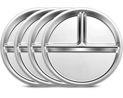 4 Stuks - Dinerborden - Kinderbord - Portiecontrole bord voor volwassenen - Voor volwassenen, kinderen, camping - Onbreekbare dinerborden - 20*20*2 cm - Zilver - RVS - Verdeeld bord - Met 3 vakken