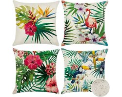 4 Stuks - Etnische Kussenhoezen - Kussenhoesjes 45x45 cm - vlas - Sierkussenhoezen - met rits - zonder binnenkussen - zacht en comfortabel - Bloemen - zijdig bedrukt - Kussenloop