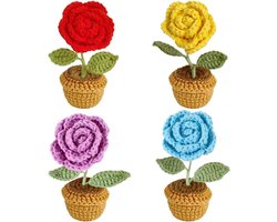 4 stuks gehaakte bloemen potplanten handgebreide roos kunstmatige wollen garen bloemen voor auto dashboard thuis kantoor tafel middenstuk plank decor, kleur #C