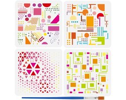 4 Stuks Geometrische Schilder Stencils met 1 Plastic Kwast - Decoratieve Patronen voor Hout, Stof en Muur - DIY Creatieve Projecten en Ambachten van 15x15 cm