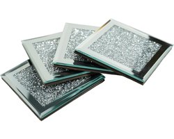 4 stuks Glazen gespiegelde onderzetter - Crushed Diamond Cup Mat - Decor op tafelblad -Met geslepen diamant kristal en spiegel (vierkant), voor restaurantkeuken eettafel-huis- keuken- bar-restaurant decoratie