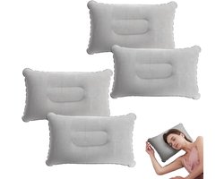 4 Stuks Grijze Opblaasbare Campingkussens met Zachte Flocking Oppervlakte, Ideaal voor Volwassenen en Kinderen, 33 x 21.5 cm, Comfortabel Reis- en Outdoor Kussen