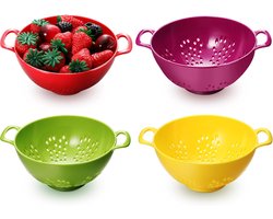 4 stuks - Groentewasmand - Keukenvergiet - plastic bessenzeef - plastic vergieten met handvat - met dubbele handgrepen - kleine vergietzeef - voor fruit, groenten en voedsel - keukenaccessoires - groen, paars, rood, geel - 19*14.8*7.5 cm