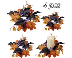 4 stuks - Halloween kaarsenkrans - Versierd met kunstmatige esdoornbladeren - Bureaukrans - Deurhanger - Geschikt voor zwarte en paarse zuilen.