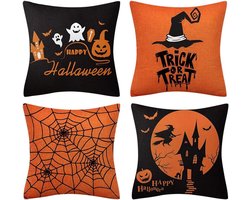 4 stuks Halloween kussenslopen, 45*45cm Halloween kussensloop met spinnenpompoenprint, kussensloop voor slaapbank, huis, boerderij, Halloweenfeest