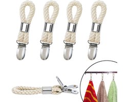4-stuks Hand doek haakjes - Hand doek clips - Hand doek klemmen met katoenen ringen - Gevlochten metalen hand doek klemmen van katoen en roestvrij staal - Hand doek klemmen - Gevlochten voor thuis, slaap kamer, bad kamer, keuken, enz. - Beige