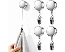 4 stuks handdoekclips, metalen keukenhanddoekclips met uittrekbare | Touw, zelfklevend, zonder boren, handdoekhouder voor keuken, badkamer, camper, camping organisatie