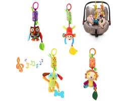 4 Stuks - Hangspeeltje - Kinderwagen speeltje - Wagenspanner - Rammelaar - Windgong - Baby Boxmobiel - Mobiel Dieren - Baby speelgoed - Knuffeldier - Muziekhanger Baby - Decoratie voor boven Bed, Box, Babykamer Accessoire - Baby cadeau - Stijl B