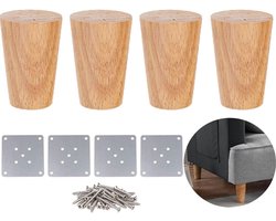 4-stuks Houten meubelpoot - Meubelpoot - Houten meubelpoten - Met metalen montageplaat en schroeven - 10 cm - Geschikt voor banken, kaptafels, kasten, bedden, voetenbankjes en andere meubels - Bruin